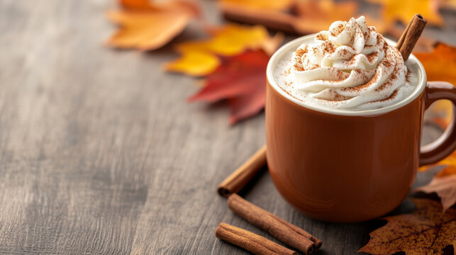 Cozy pumpkin spice latte surrounded by autumn leaves cinnamon sticks and a swirl of whipped cream warm oranges and browns inviting seasonal atmosphere 