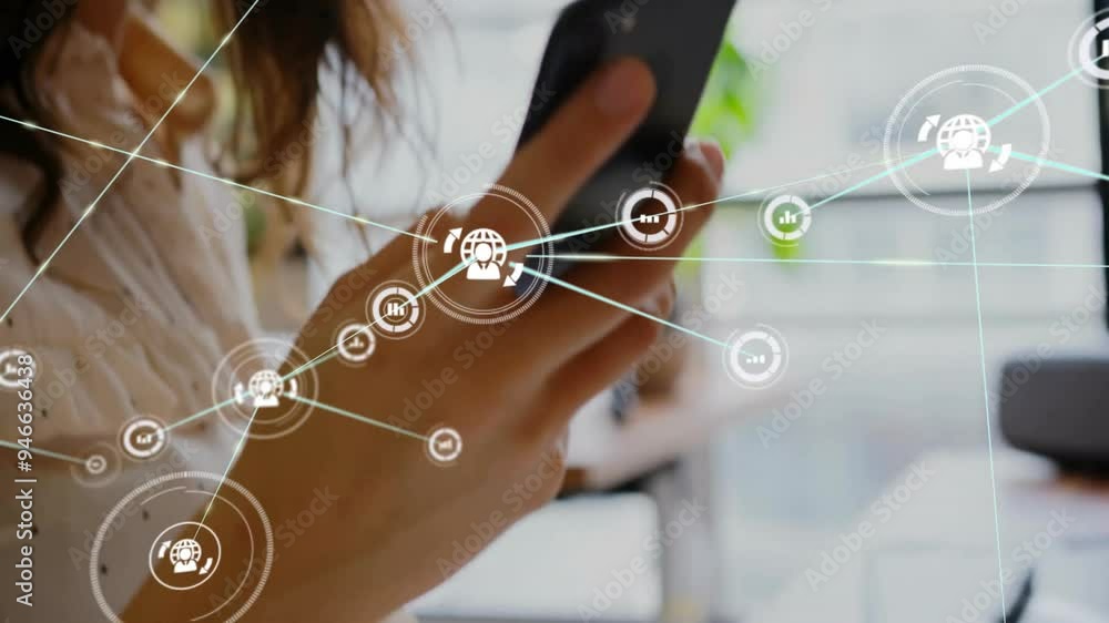 Poster holding smartphone, person interacting with network of connections and data processing animation
