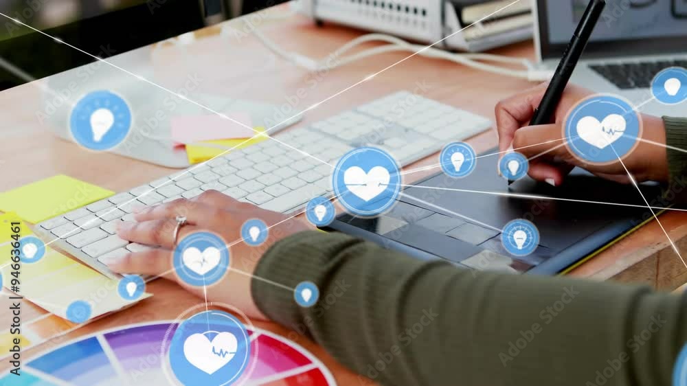 Aufkleber typing on keyboard and using tablet, person with health icons animation over desk