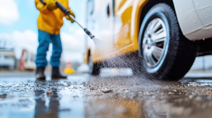 A person is pressure washing dirt from the yellow vehicle's tire, standing on wet ground, showing the detailing and cleanliness efforts required in maintaining a vehicle.