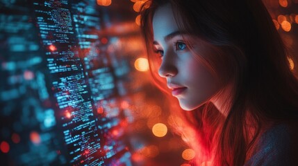 A young woman closely examines holographic symbols that showcase different writing styles, surrounded by an immersive digital environment.