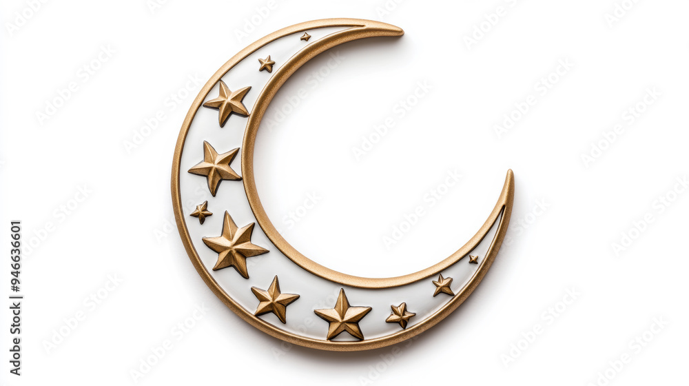 Poster crescent moon symbol adorned with star ornaments surrounded by elegant patterns and soft shadows iso