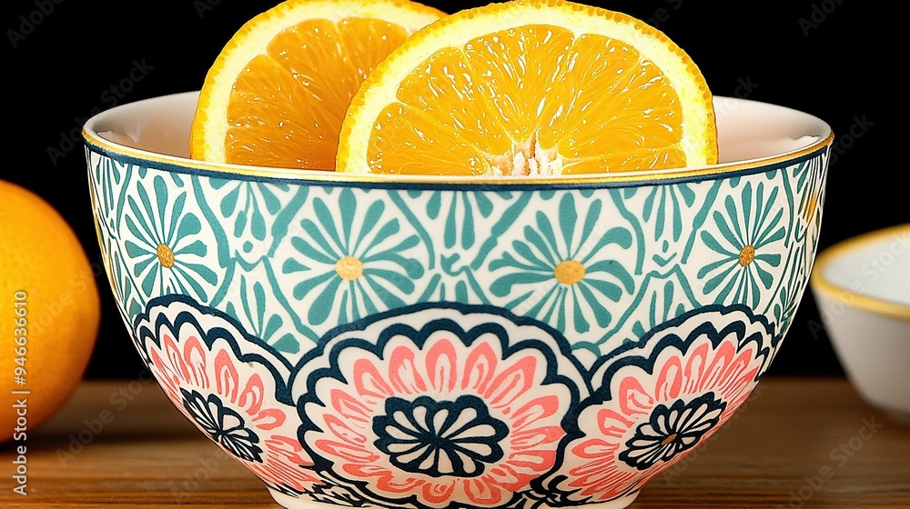 Poster a zoomed-in image of a bowl filled with two oranges positioned on a table beside another bowl
