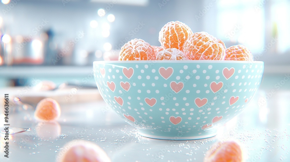 Poster a blue bowl containing oranges rests atop a counter adjacent to an array of oranges arranged on a ta