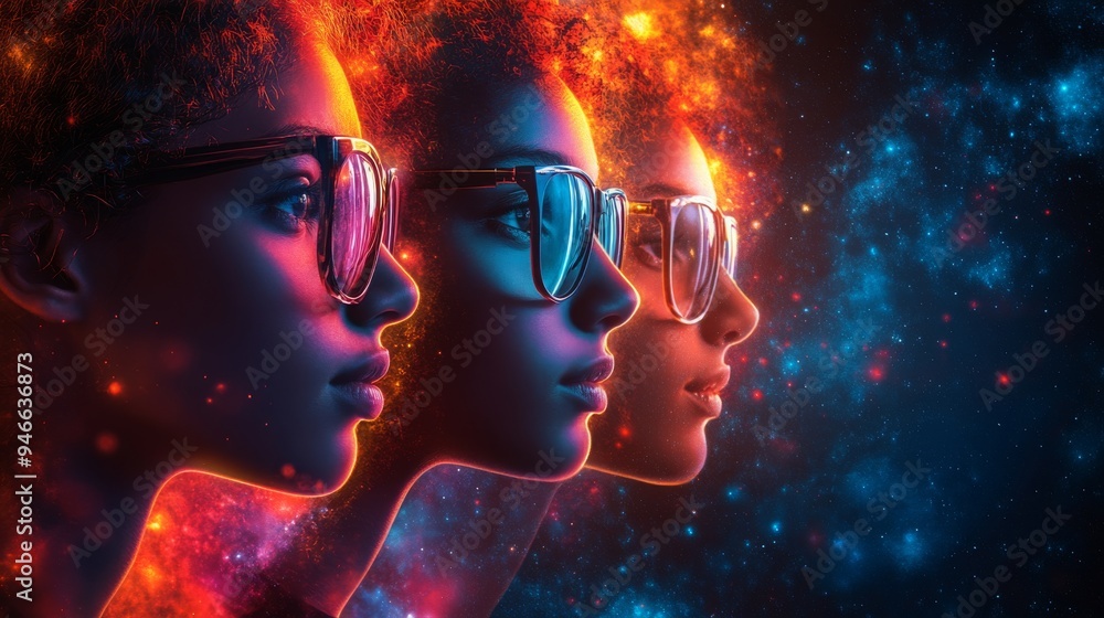 Poster three figures showcase holographic symbols of various writing styles, illuminated by a starry cosmic
