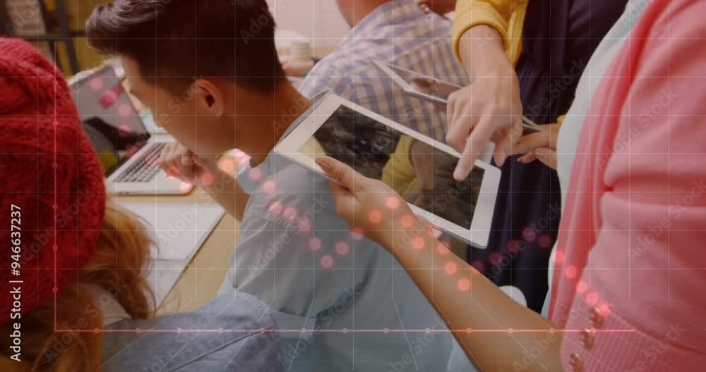 Poster graph and data points animation over people working with tablets and laptops