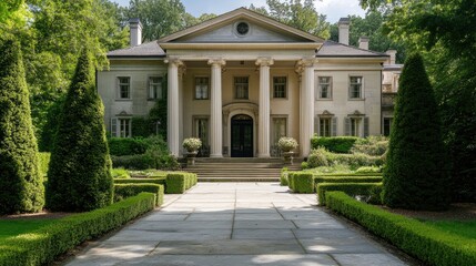Stately home with a grand entrance, marble columns, and expansive gardens, epitomizing luxury living