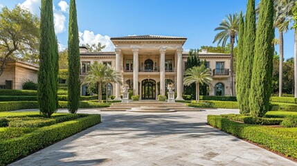Naklejka premium Stately home with a grand entrance, marble columns, and expansive gardens, epitomizing luxury living