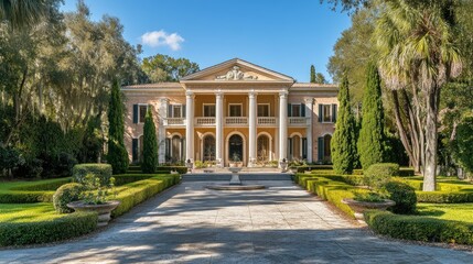 Fototapeta premium Stately home with a grand entrance, marble columns, and expansive gardens, epitomizing luxury living