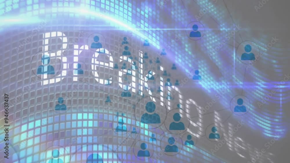 Poster breaking news text animation over digital globe with user icons