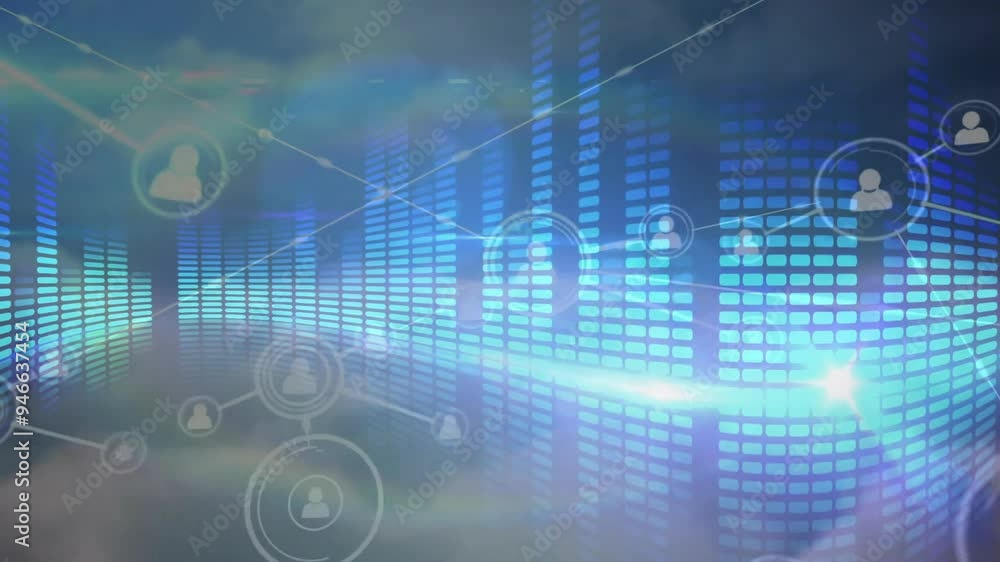 Poster social network icons and data visualization animation over abstract background