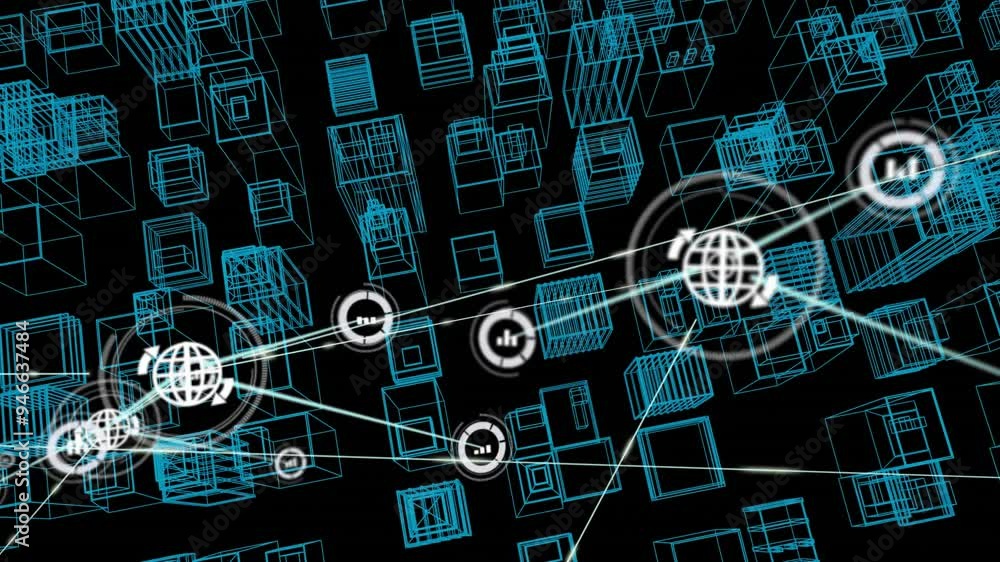 Poster network of connections and data processing animation over wireframe buildings