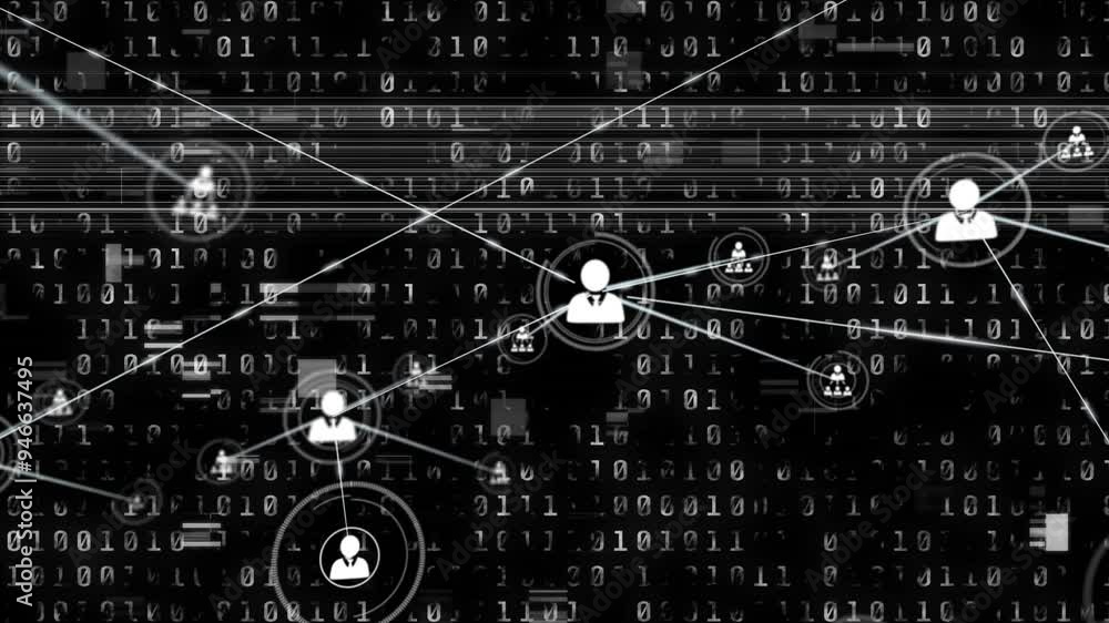 Poster network of connections and binary coding animation over black background
