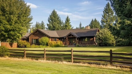Obraz premium Traditional ranch-style home with a wide front yard, wooden fence, and tall trees, offering a peaceful country lifestyle