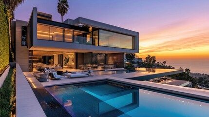 Ultra-modern luxury villa with sleek lines, large glass facades, and an outdoor lounge area, set against a sunset