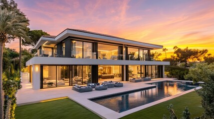Ultra-modern luxury villa with sleek lines, large glass facades, and an outdoor lounge area, set against a sunset
