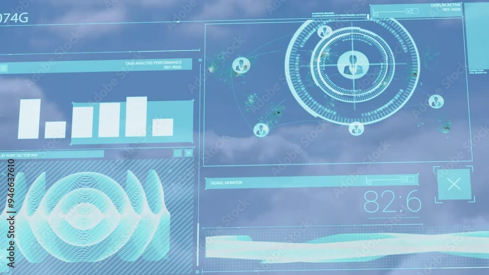 Poster Data analysis and performance metrics animation over sky background