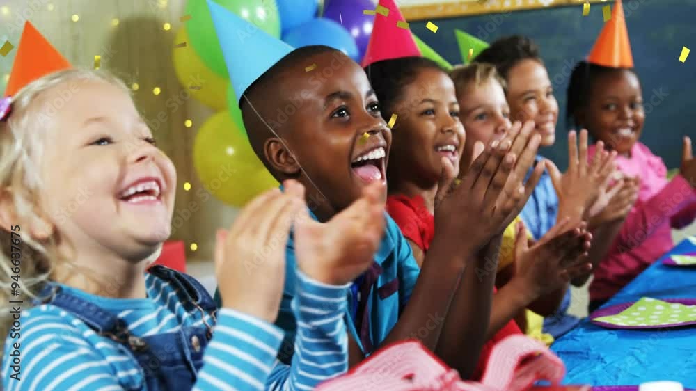 Poster children clapping and laughing at party with confetti animation