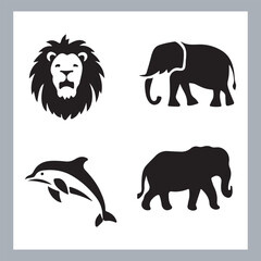 Set of silhouette logotype icons animal Lion, Elephant, Tiger, Giraffe, Kangaroo, Panda, Gorilla, dolphin, cat, deer, Polar Bear, Zebra, fox in white background