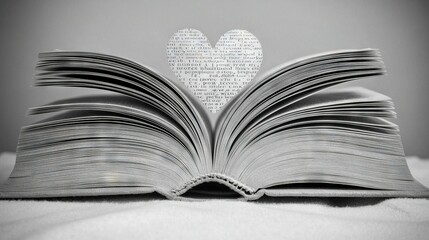   An open book with a heart-shaped cutout on top of a white sheet of paper
