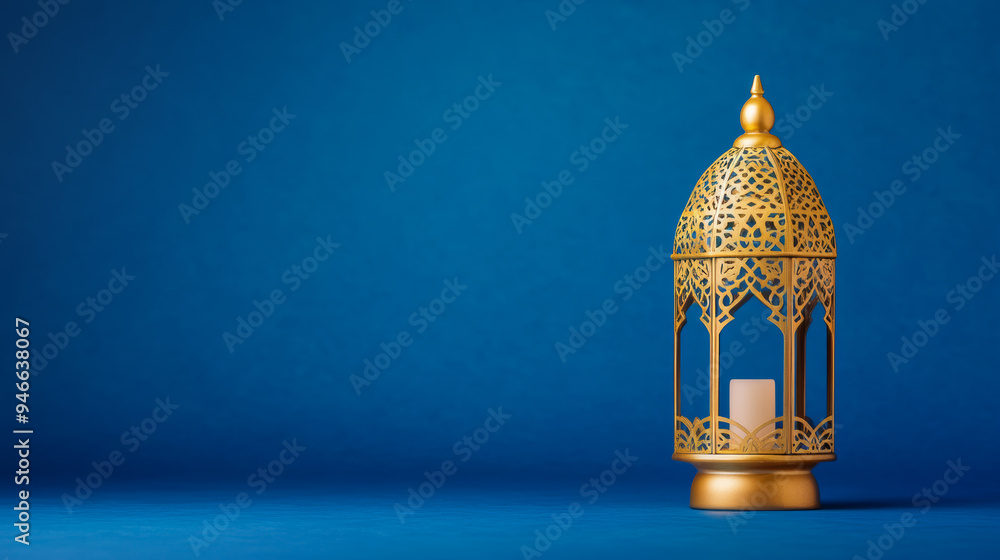 Poster elegant lantern with intricate gold patterns illuminated against a deep blue background casting soft