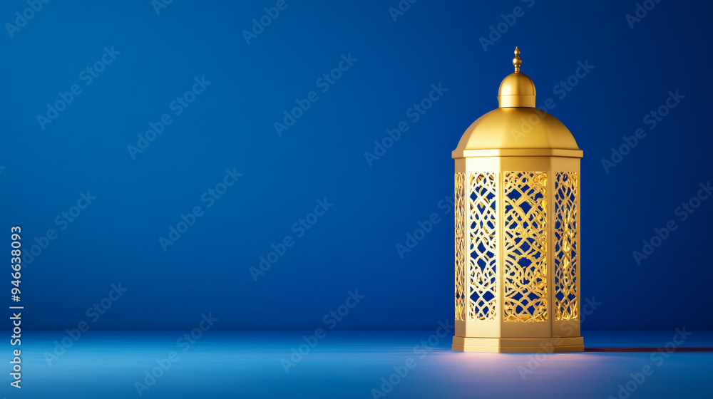 Poster elegant lantern with intricate gold patterns illuminated against a deep blue background casting soft