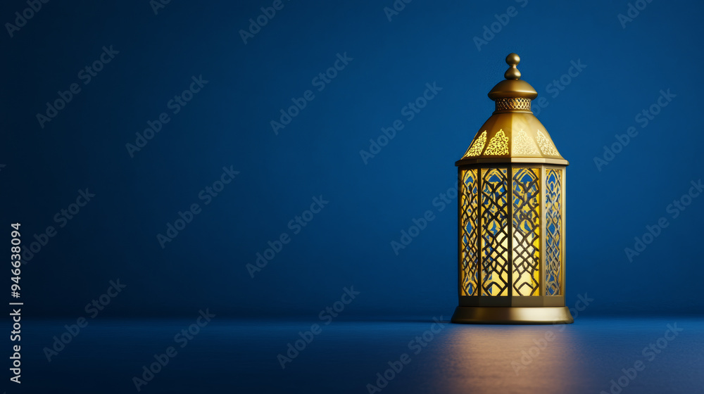 Poster elegant lantern with intricate gold patterns illuminated against a deep blue background casting soft