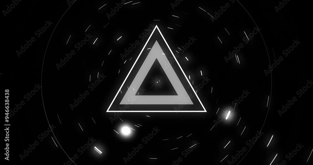 Poster rotating triangular shape and glowing particles animation on black background