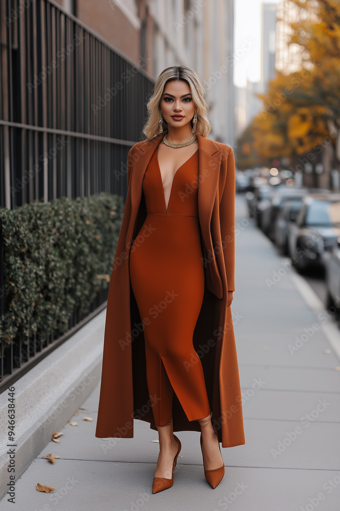 Wall mural Elegant Thanksgiving attire with a rust-colored midi dress paired with a long wool coat and heeled boots subtle gold jewelry and earth-tone accessories add sophistication perfect for a festive dinner 