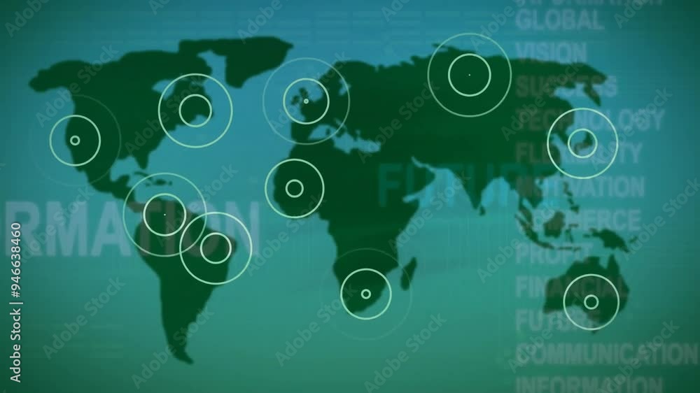 Poster world map with target circles, global communication animation