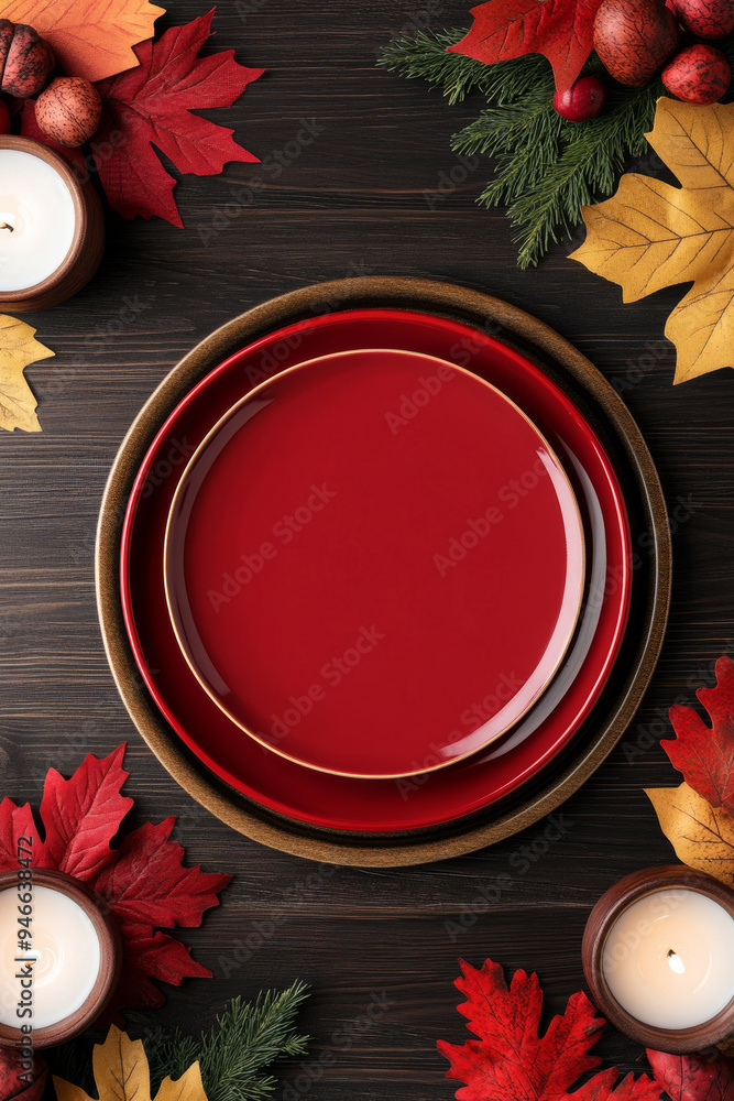 Canvas Prints Elegant Thanksgiving table setting with gold and burgundy accents surrounded by autumn leaves and candles on a dark wood background invitation space at the top 