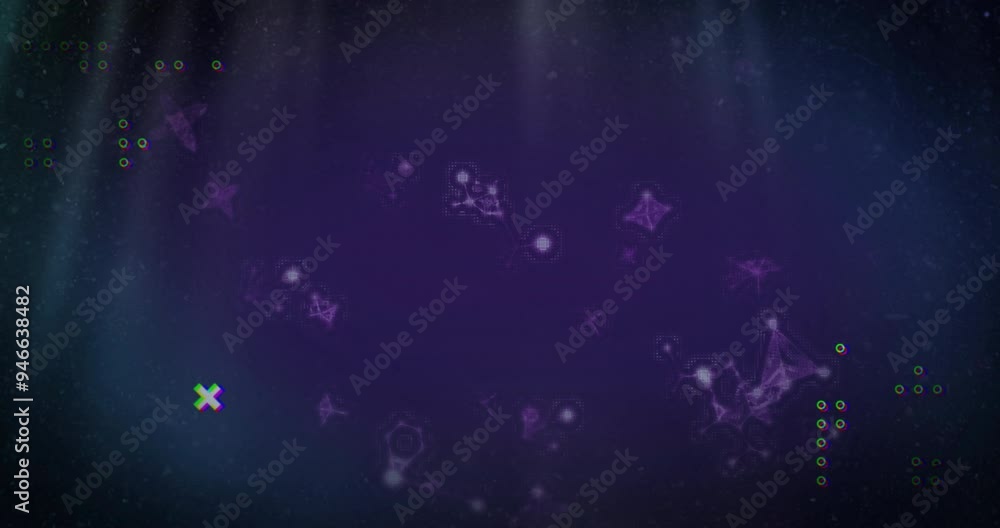 Poster purple geometric shapes and particles floating in space animation