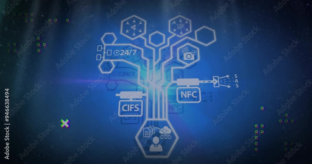 Poster network connections and data processing animation over blue background with icons
