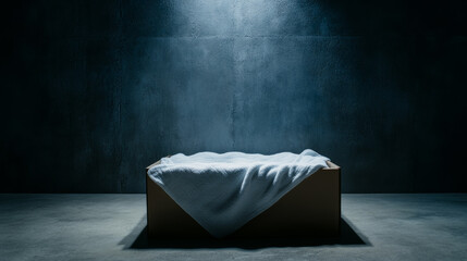 Empty baby box with a soft blanket and comforting light inside discreet location concrete surroundings cold tones 