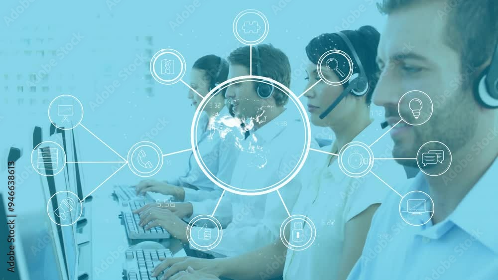 Poster customer service representatives working with global network connections animation over them