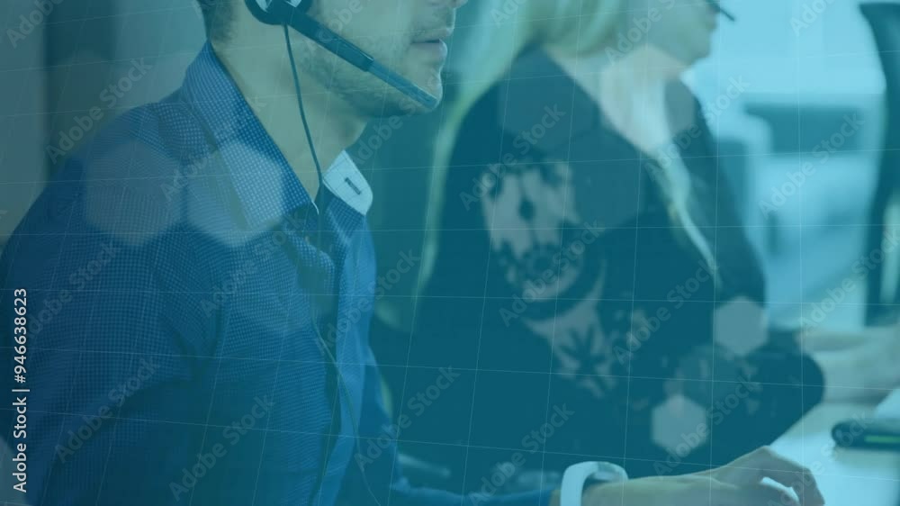 Poster customer service representatives working with headsets, communication network animation over them