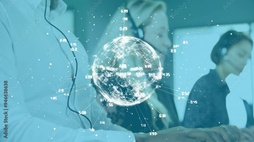 Poster global network connections animation over customer service representatives working in office