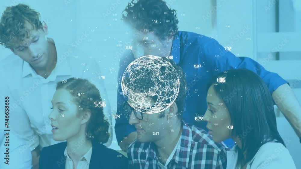 Aufkleber network of connections and data processing animation over diverse business team in discussion