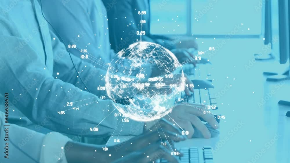 Poster global network connections animation over customer service representatives working on computers