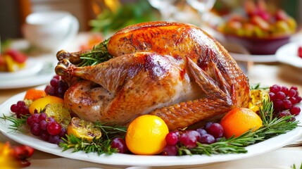 A perfectly roasted turkey centerpiece on a festive table, surrounded by seasonal decor like autumn leaves, pumpkins, and candles, evoking the warmth of Thanksgiving
