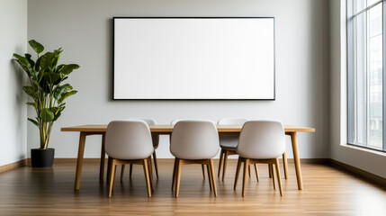 Empty rental office with stylish furniture clean lines ergonomic chairs and a large whiteboard ready for business operations fresh and inviting atmosphere 