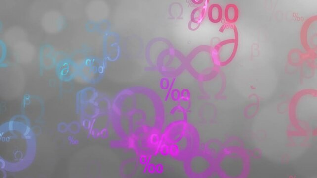 Greek letters and percentage symbols animation over blurred background