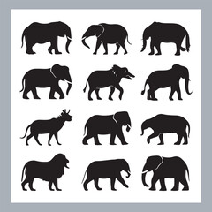 Set of silhouette logotype icons animal Lion, Elephant, Tiger, Giraffe, Kangaroo, Panda, Gorilla, dolphin, cat, deer, Polar Bear, Zebra, fox in white background