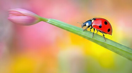Fototapeta premium A ladybug rests atop a verdant leaf adjacent to a crimson blossom perched upon a green stem