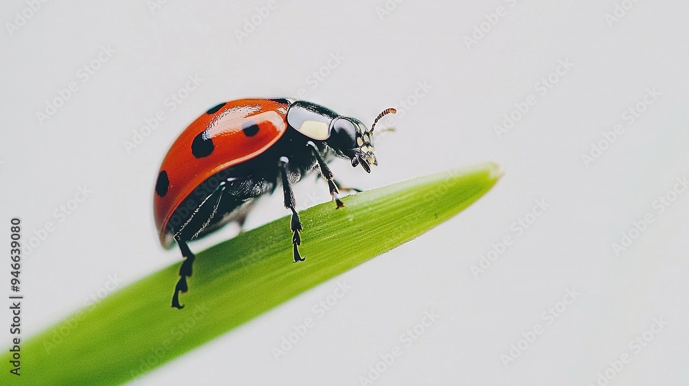 Poster a ladybug sits on a green leaf atop a white-green plant, amidst a white sky