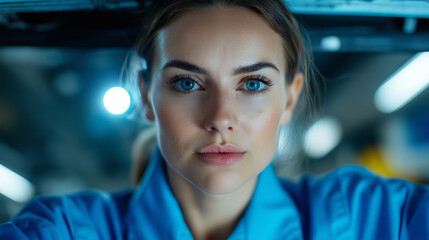 Female auto mechanic inspecting a car’s undercarriage using a flashlight determined and focused expression modern workshop with tools and equipment organized in the background