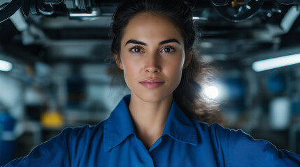 Female auto mechanic inspecting a car’s undercarriage using a flashlight determined and focused expression modern workshop with tools and equipment organized in the background
