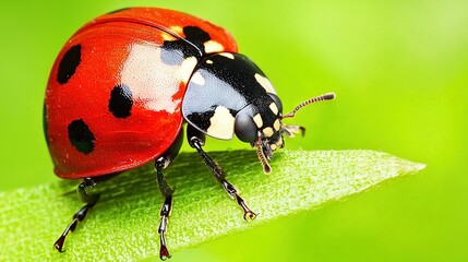   A close-up of a red and black ladybug on a green patch of grass with a hazy background