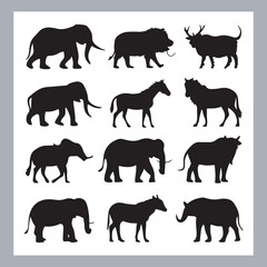 Set of silhouette logotype icons animal Lion, Elephant, Tiger, Giraffe, Kangaroo, Panda, Gorilla, dolphin, cat, deer, Polar Bear, Zebra, fox in white background