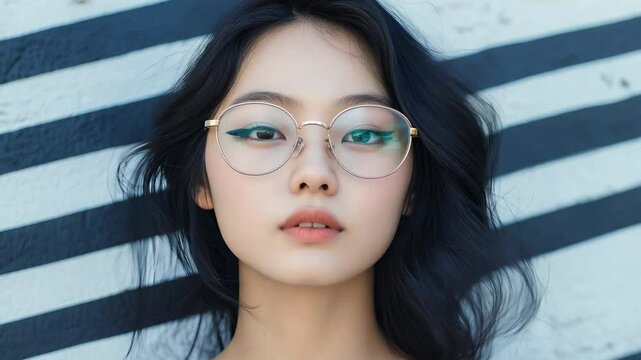 Asian woman wearing eyeglasses standing at strip paint wall